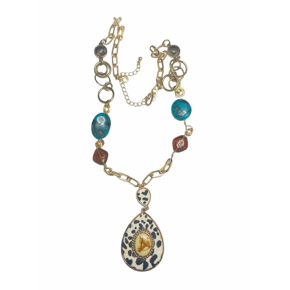 Upcycled Vintage Horse Brooch & Necklace W/ Wire Wrapped Turquoise & Amber Beads - Picture 6 of 14